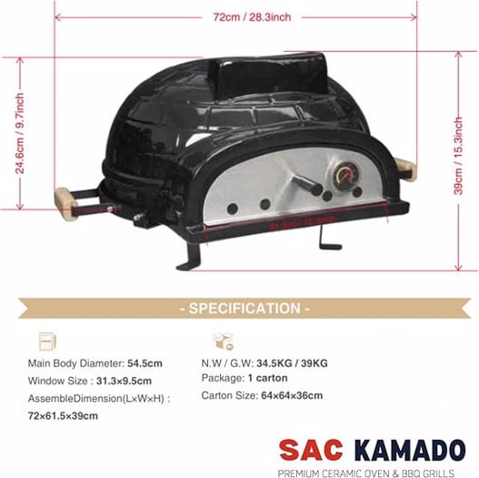 SAC Kamado 21" Tabletop Pizza Oven, Portable Outdoor Ceramic Grill, Charcoal and Wood Fired, High Heat Retention, Cook up to 28 cm Pizzas